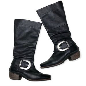 WOLKY Buckle Boots La Banda Tall Black Leather Slouch Womens Size 37/6